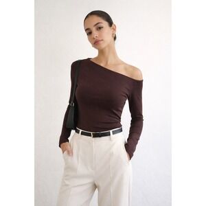 Blenca Chocolate Brown One Shoulder Stretch Knit Top Size L Minimalist Y2K Chic